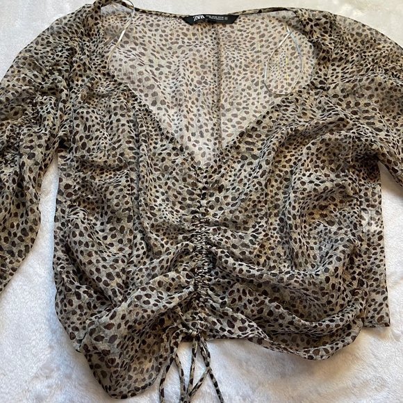 Zara‎ Women's Sheer Leopard Print Adjustable Ruched Middle Crop Top Size XL - Picture 10 of 11